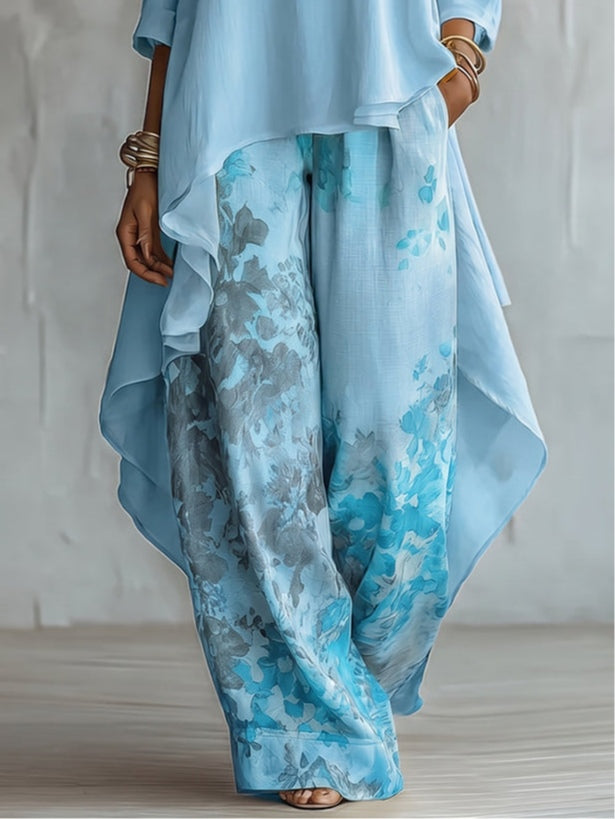 Chiara™ | Set Top Blu Asimmetrico e Pantaloni Floreali