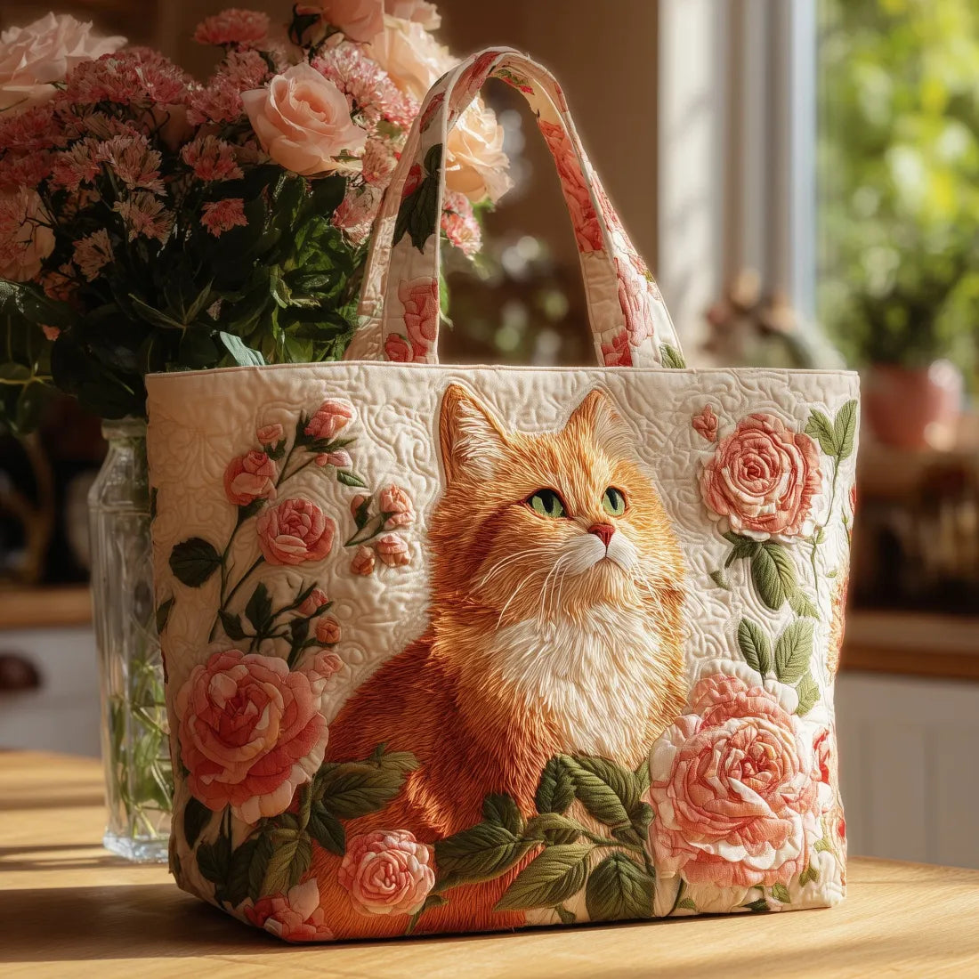 Borsa Artigianale Gatto Rosso con Rose