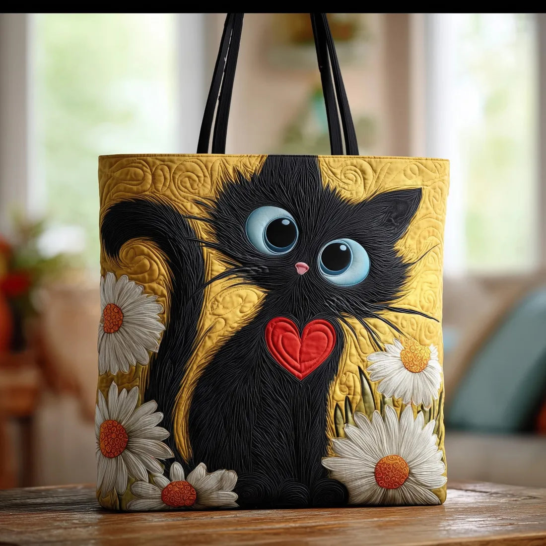 Borsa Artigianale Gatto Nero con Cuore e Margherite
