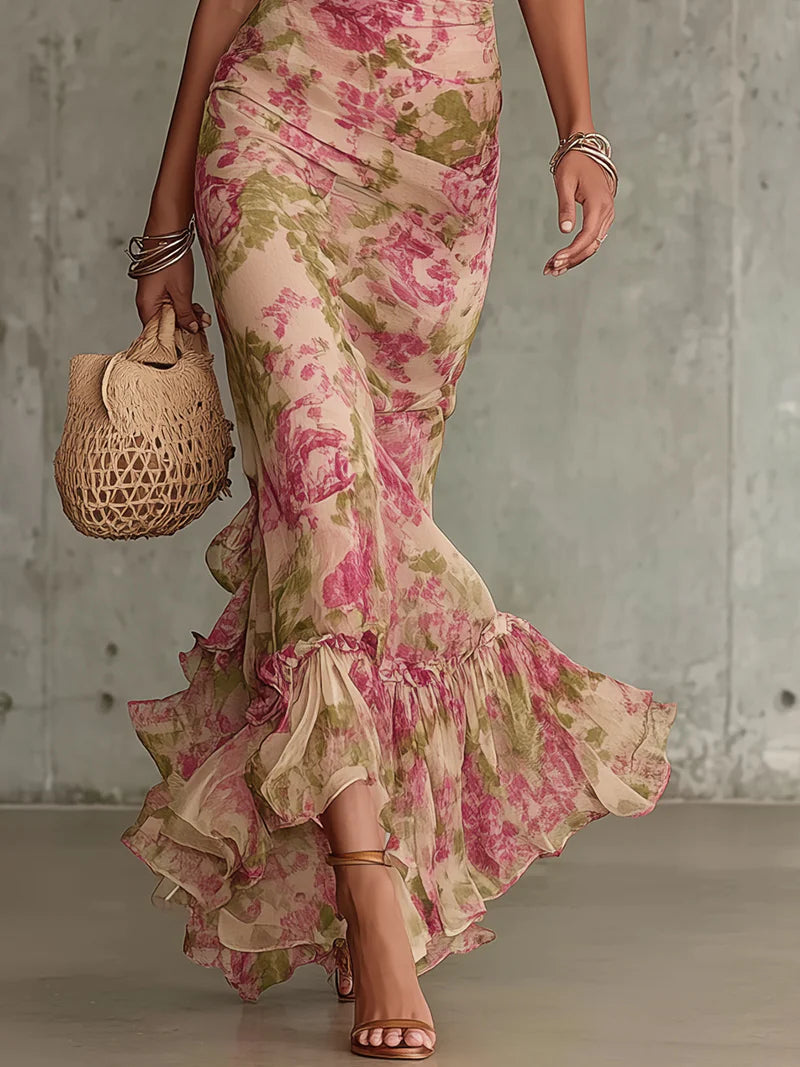 Fiora™ | Abito Lungo Vintage con Stampa a Rose e Maniche a Sbuffo