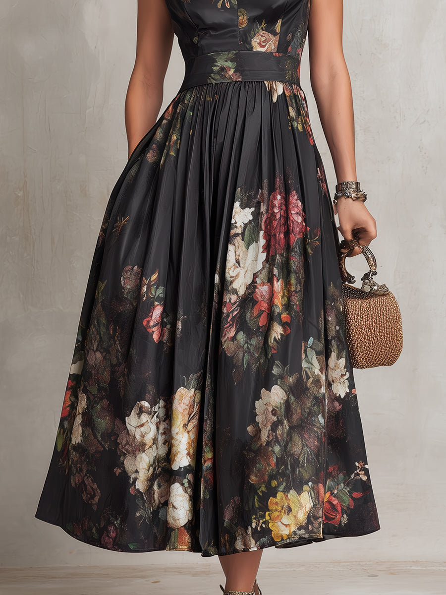 Violetta™ | Abito Midi in Satin Nero Plissettato con Stampa Floreale