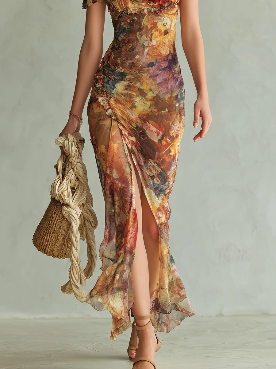 Viola™ | Abito Lungo in Chiffon Arancione con Stampa Effetto Olio Boho
