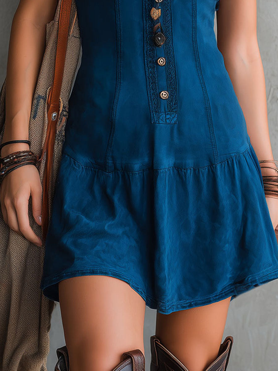 Chiara™ | Abito Mini Denim Boho Indaco con Bottoni