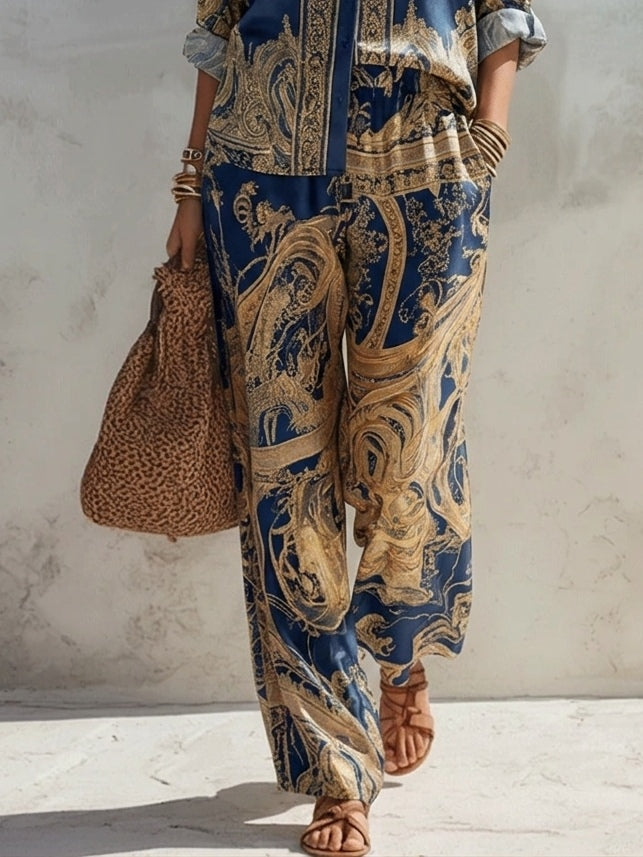Giulia™ | Set Camicia Barocca Blu e Pantaloni Larghi