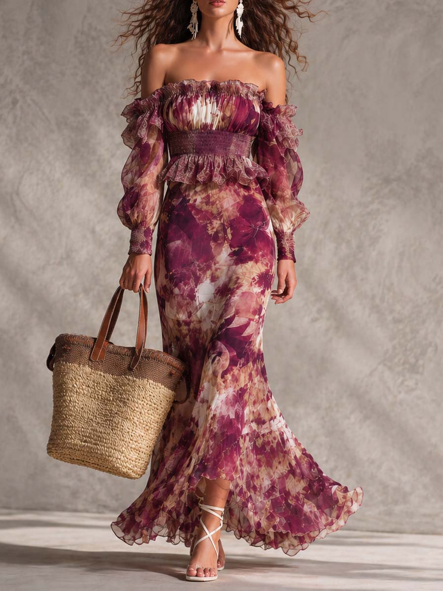 Elisa™ | Abito Maxi Chiffon Off-Shoulder Floreale Rosa