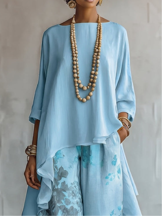 Chiara™ | Set Top Blu Asimmetrico e Pantaloni Floreali