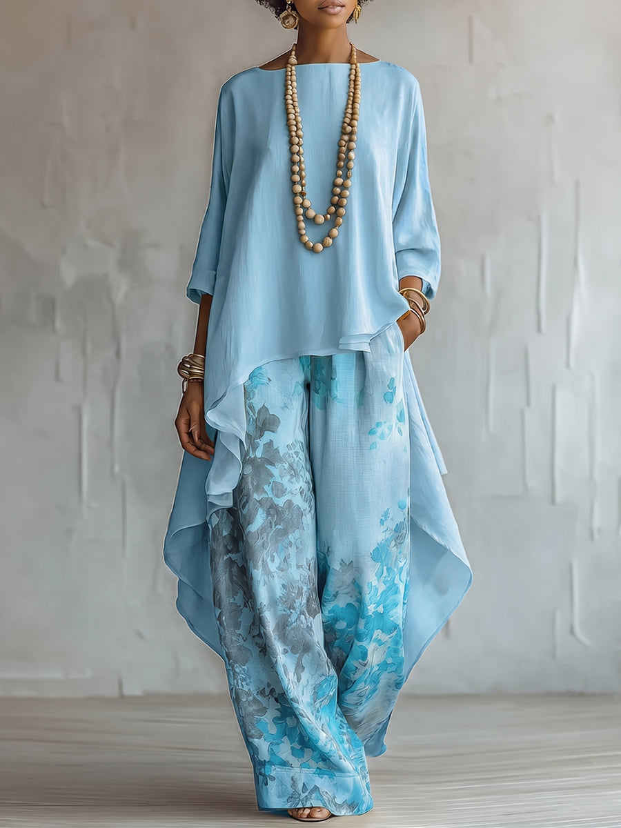 Chiara™ | Set Top Blu Asimmetrico e Pantaloni Floreali