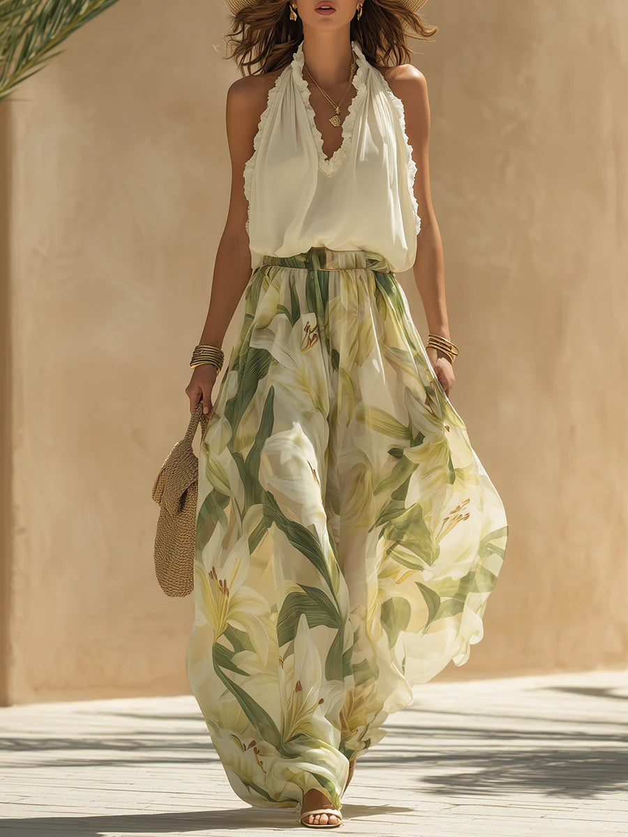 Alessia™ | Set Top Ruffle in Chiffon e Pantaloni Stampa Gigli