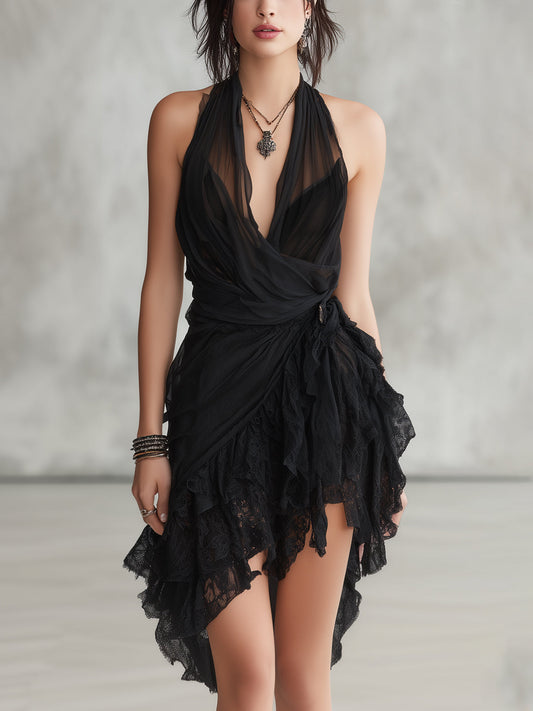 Bianca™ | Abito Mini in Pizzo Nero Halter