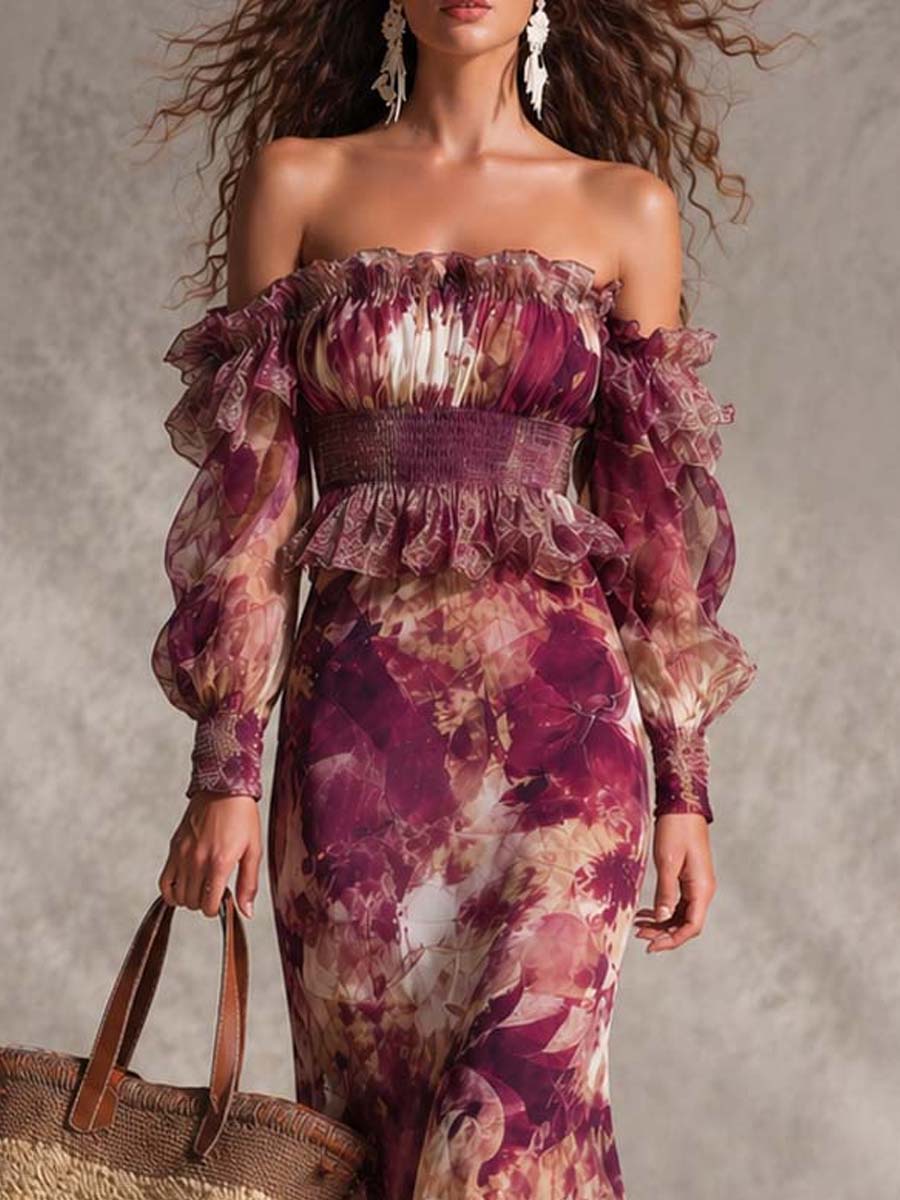 Elisa™ | Abito Maxi Chiffon Off-Shoulder Floreale Rosa