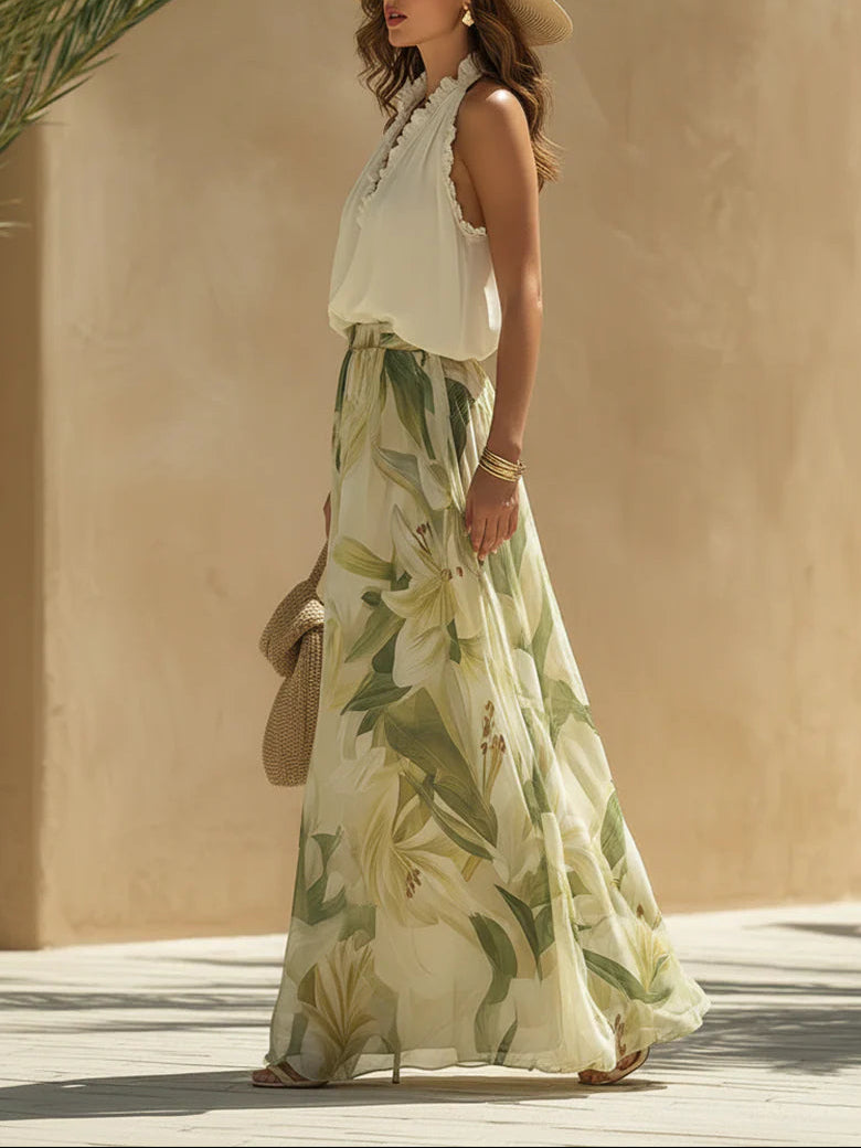 Alessia™ | Set Top Ruffle in Chiffon e Pantaloni Stampa Gigli
