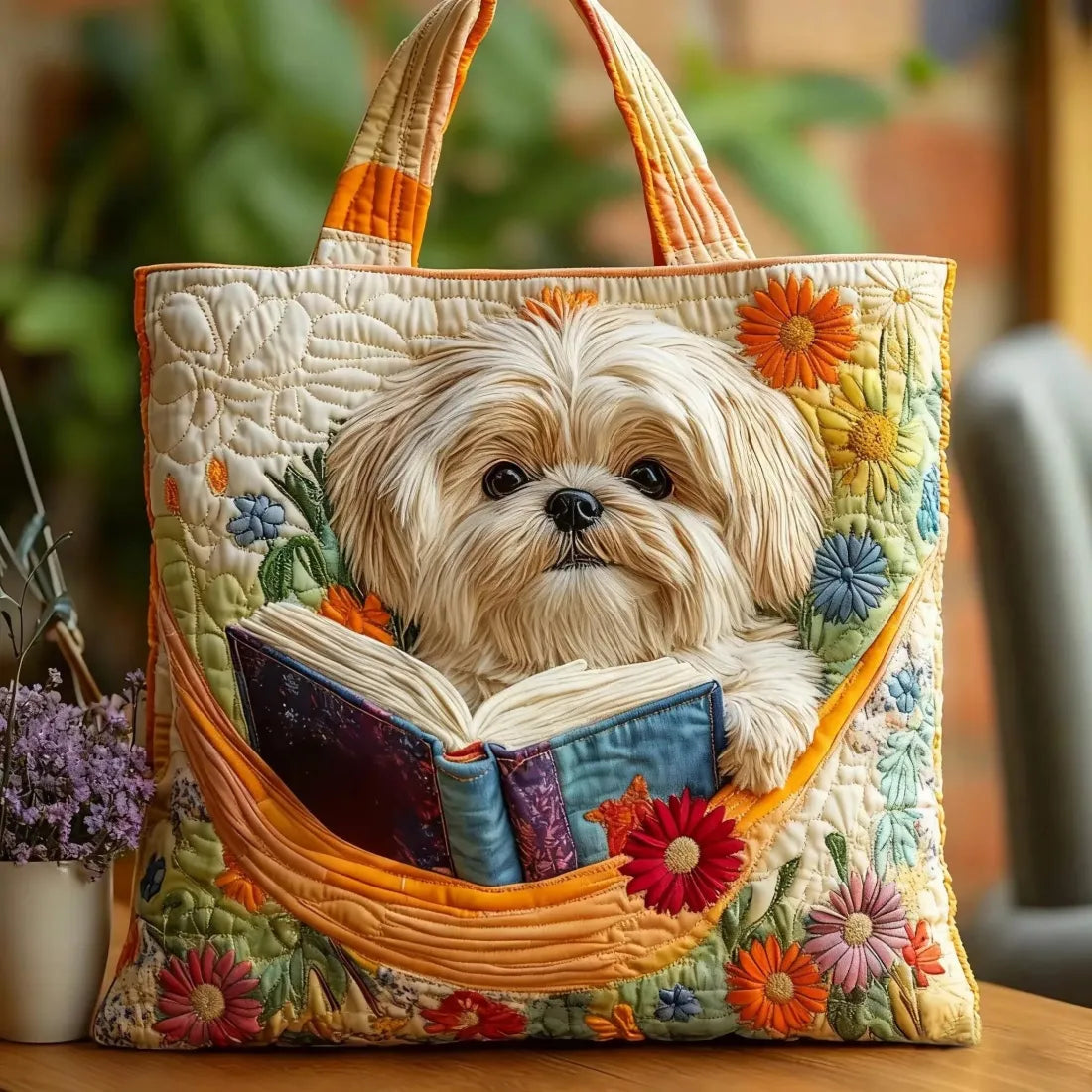 Borsa Artigianale Shih Tzu con Libri e Fiori