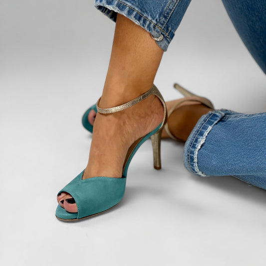 Valeria™ | Sandali Tacco Alto Bicolore Turchese Oro