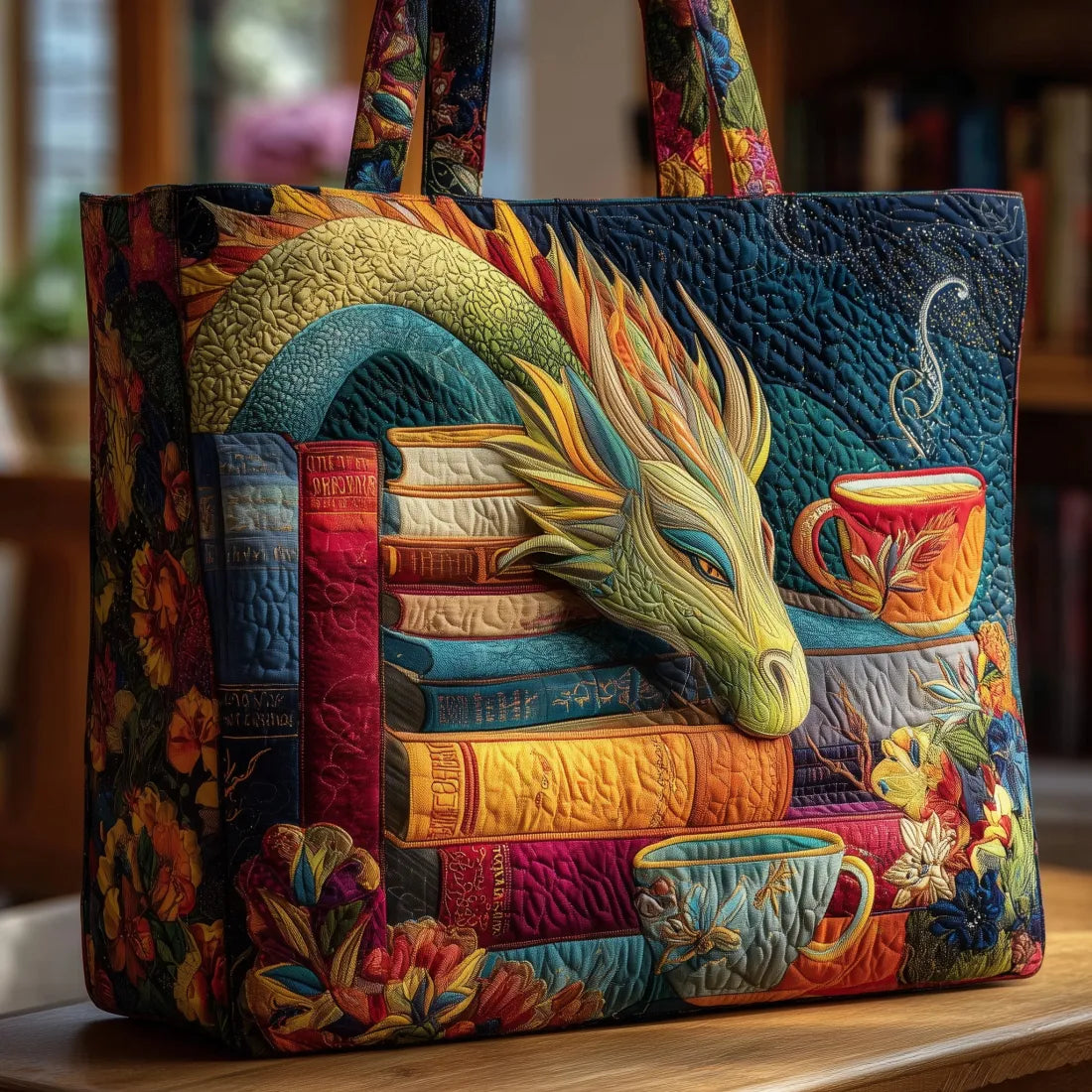 Borsa a Spalla Artigianale Drago con Libri e Tazze