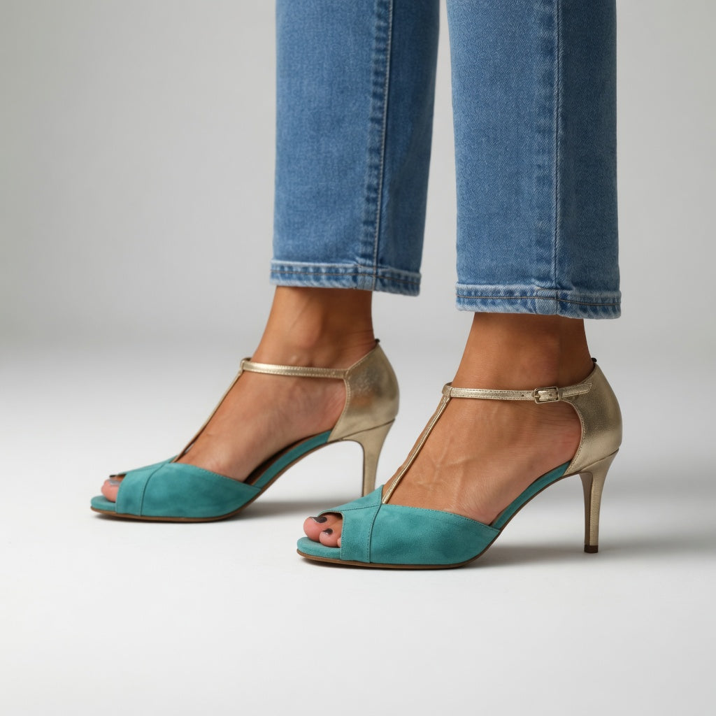 Valeria™ | Sandali Tacco Alto Bicolore Turchese Oro
