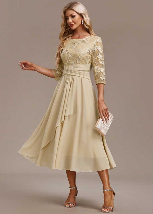 Elena™ | Abito Color Champagne con Delicata Ricamatura
