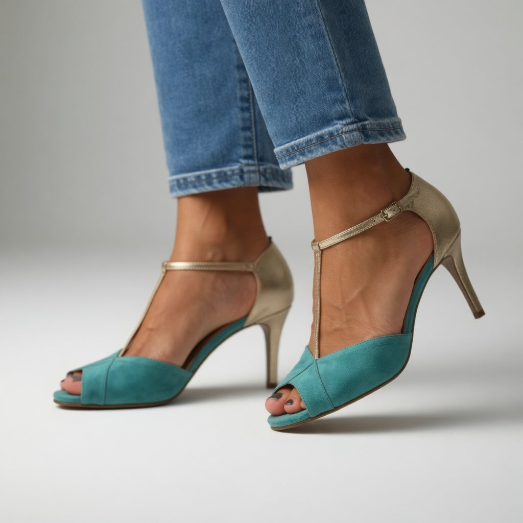 Valeria™ | Sandali Tacco Alto Bicolore Turchese Oro