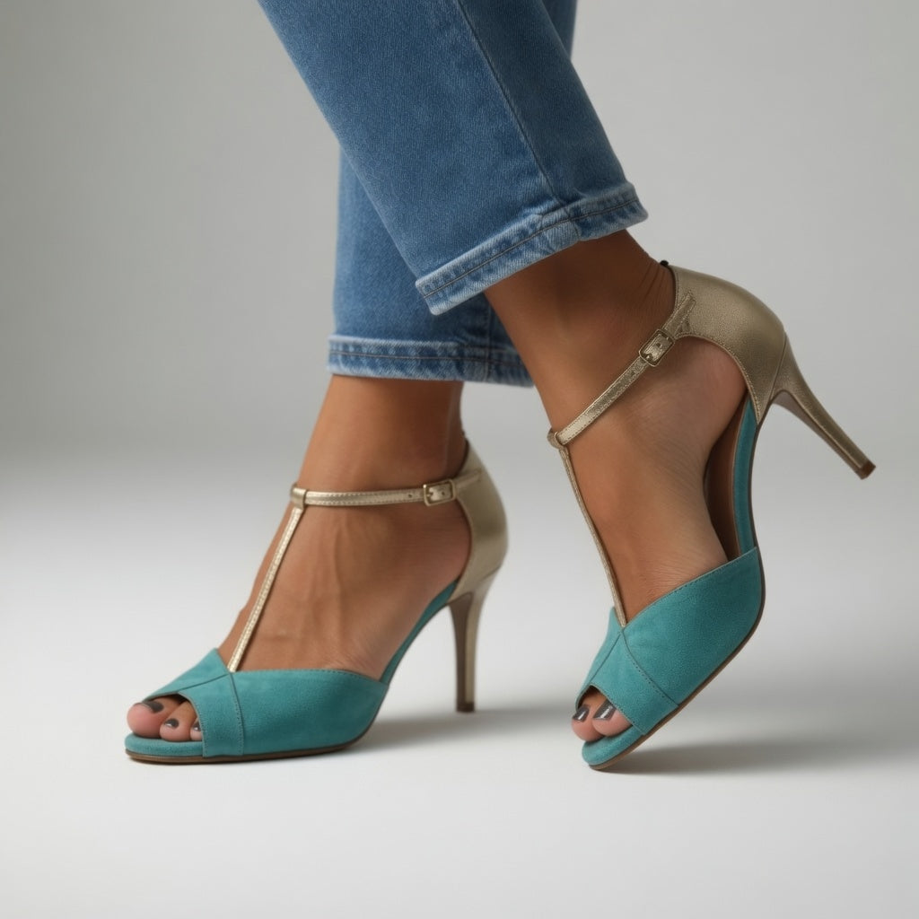 Valeria™ | Sandali Tacco Alto Bicolore Turchese Oro