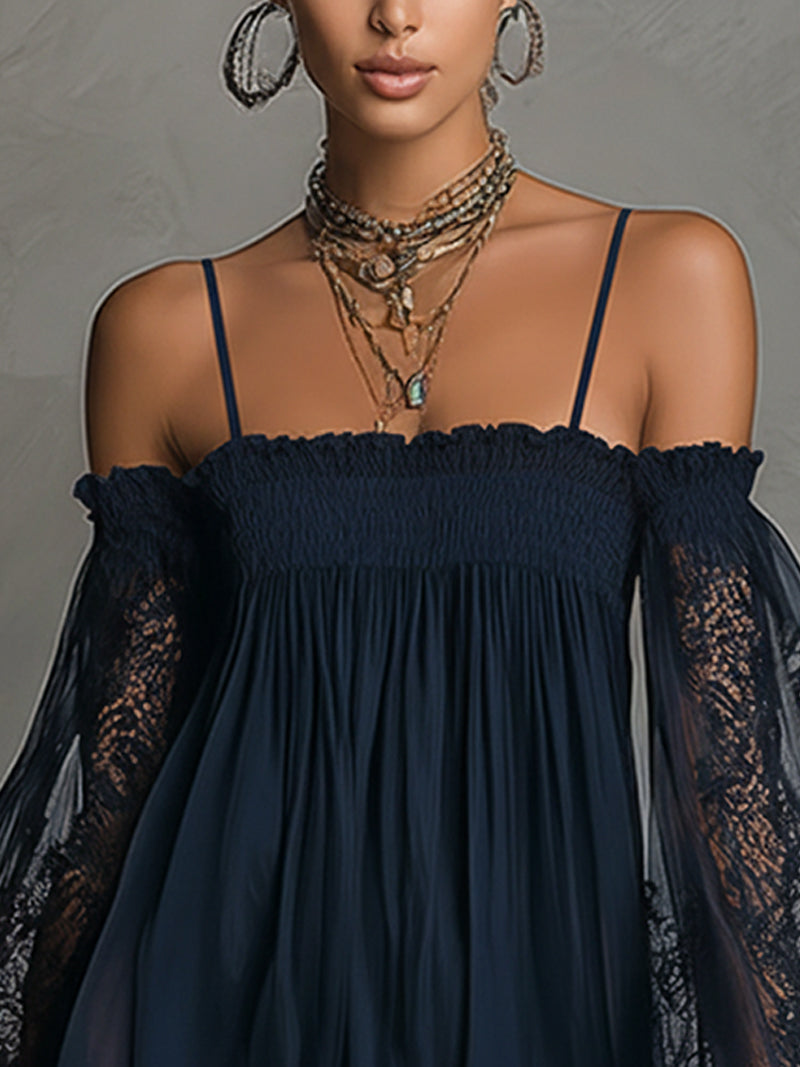 Noemi™ | Mini Abito in Chiffon Blu Navy con Spalle Scoperte e Pizzo