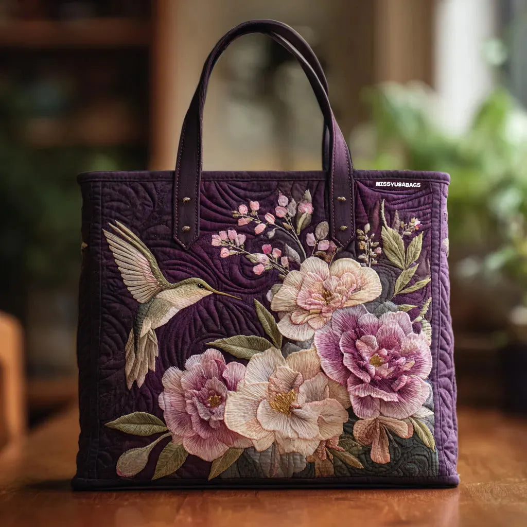 Borsa Imbottita Artigianale Viola con Colibrì e Orchidee