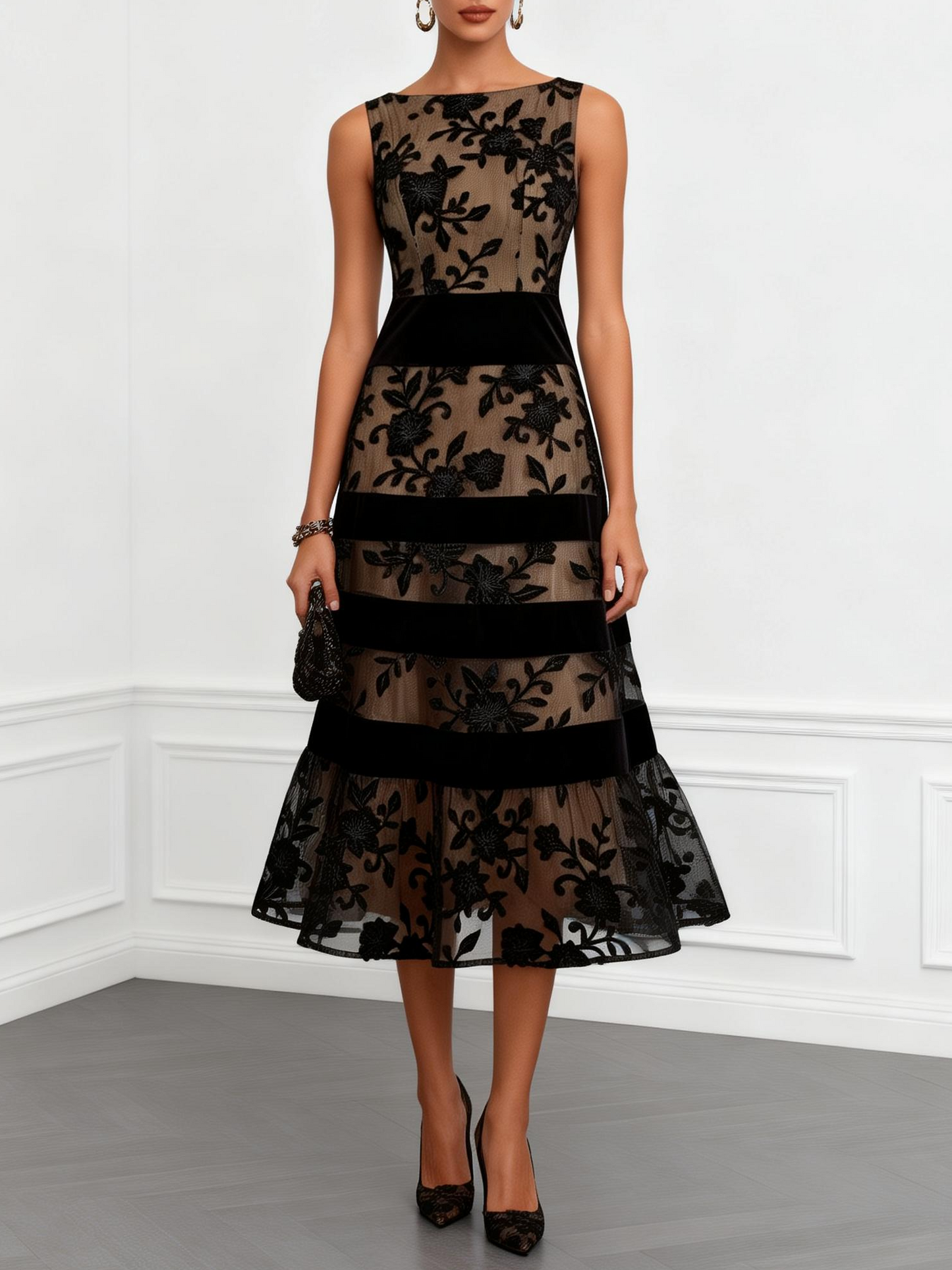 Eleonora™ | Abito Midi A-Line in Rete Nera con Fiori