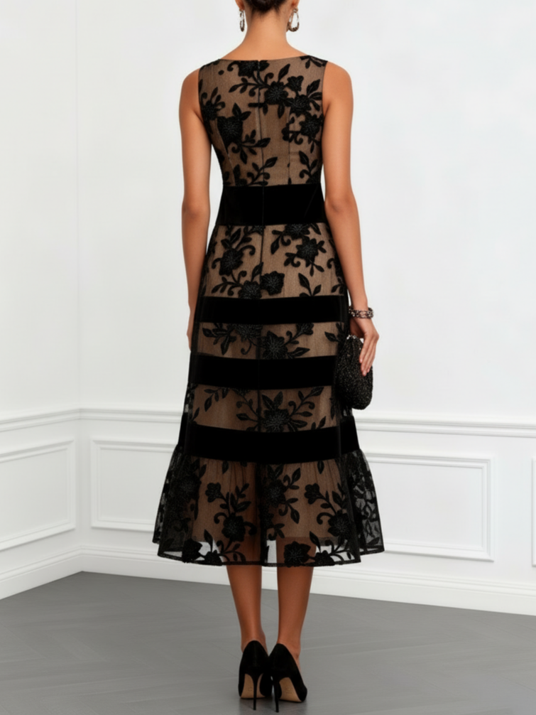 Eleonora™ | Abito Midi A-Line in Rete Nera con Fiori