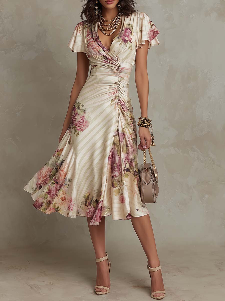 Alba™ | Abito Midi in Satin Floreale Stile Retrò