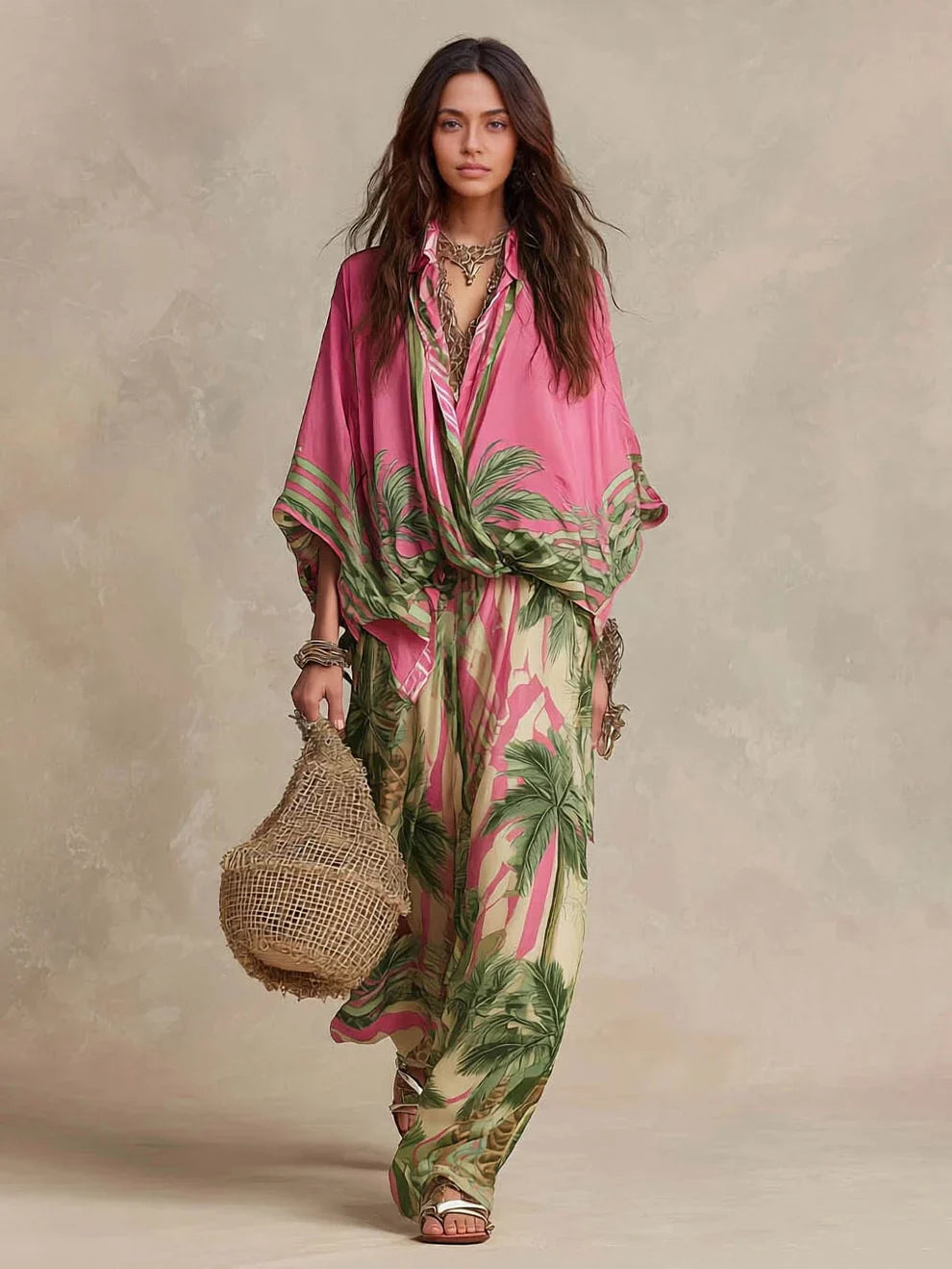 Chiara™ | Set Kimono e Pantaloni Stampa Palme