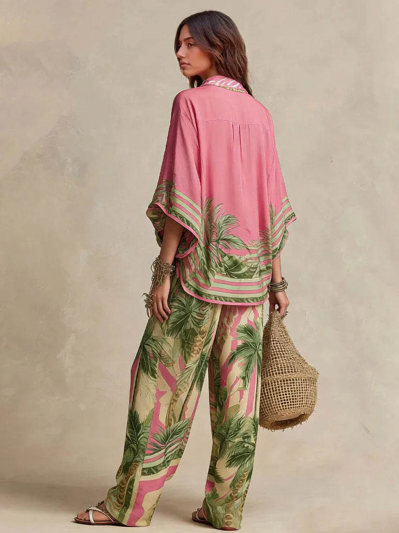 Chiara™ | Set Kimono e Pantaloni Stampa Palme