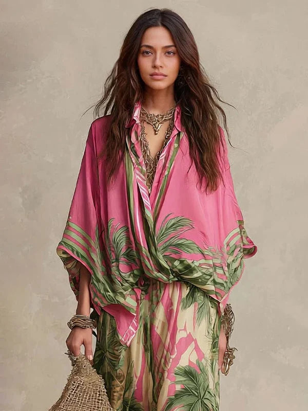 Chiara™ | Set Kimono e Pantaloni Stampa Palme