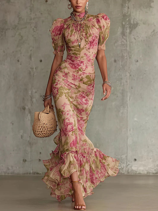 Fiora™ | Abito Lungo Vintage con Stampa a Rose e Maniche a Sbuffo