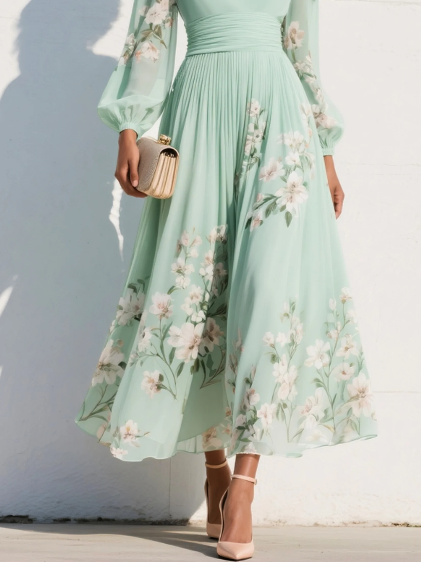 Aurora™ | Abito Maxi Plissettato in Chiffon Verde Menta Floreale
