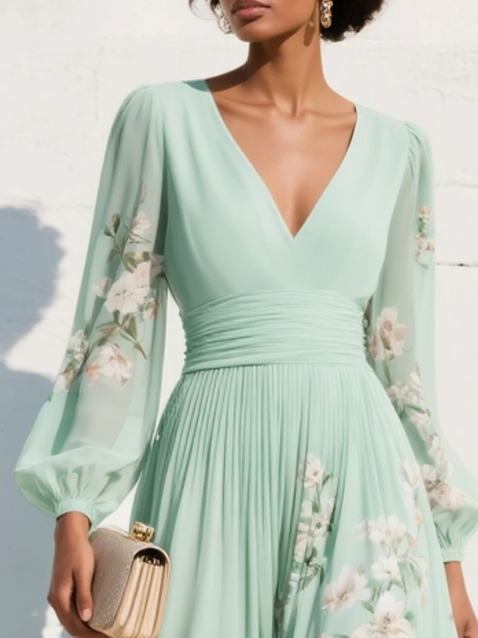 Aurora™ | Abito Maxi Plissettato in Chiffon Verde Menta Floreale