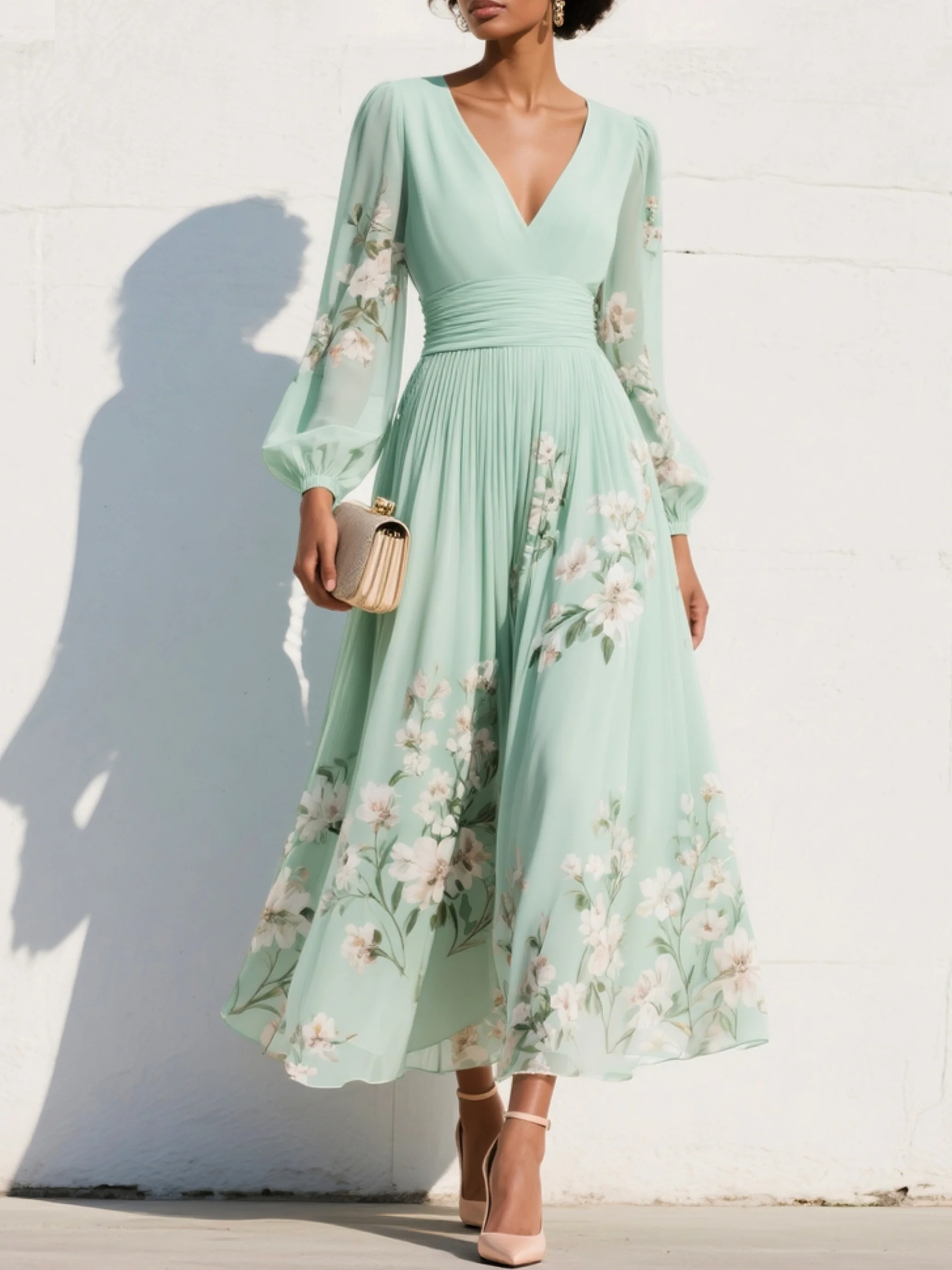 Aurora™ | Abito Maxi Plissettato in Chiffon Verde Menta Floreale