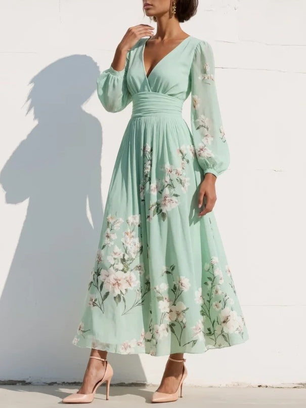 Aurora™ | Abito Maxi Plissettato in Chiffon Verde Menta Floreale