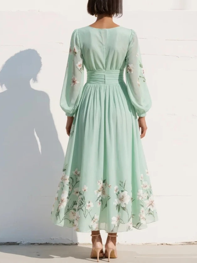Aurora™ | Abito Maxi Plissettato in Chiffon Verde Menta Floreale
