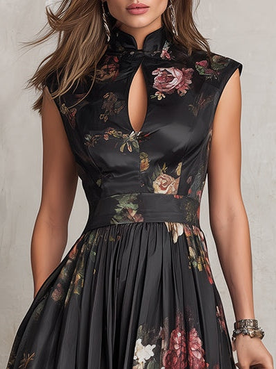 Violetta™ | Abito Midi in Satin Nero Plissettato con Stampa Floreale