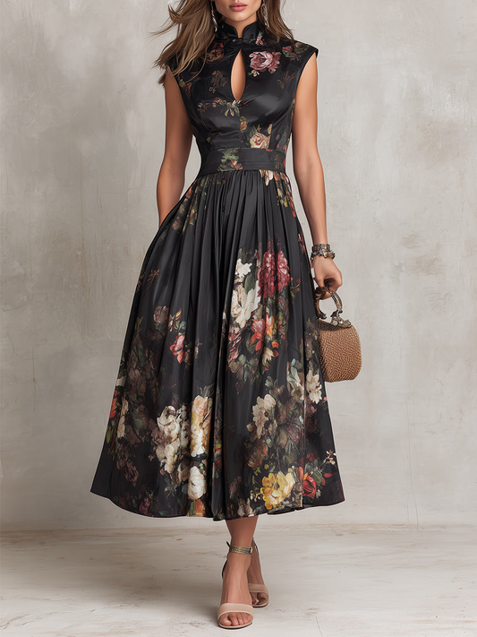 Violetta™ | Abito Midi in Satin Nero Plissettato con Stampa Floreale