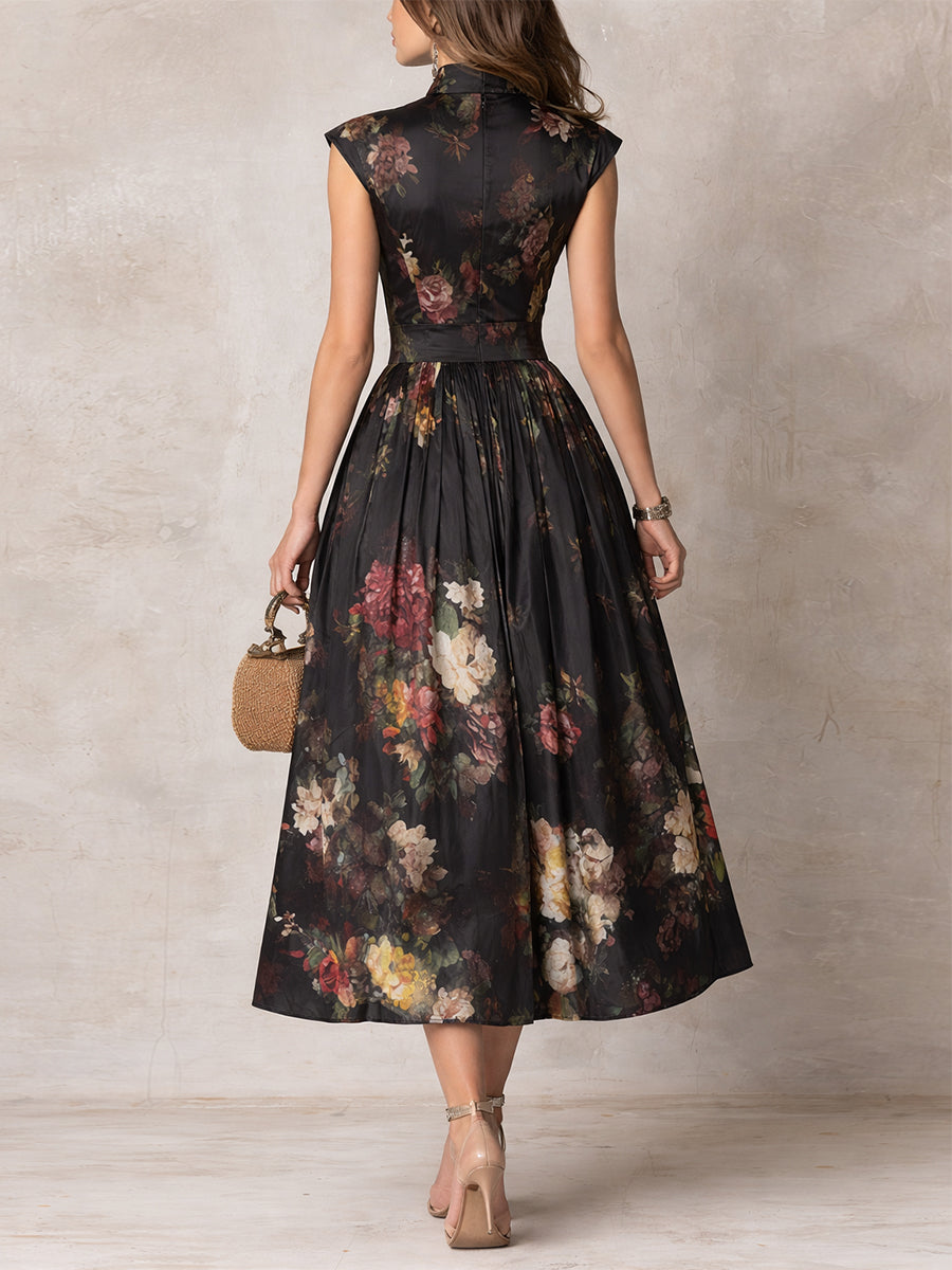 Violetta™ | Abito Midi in Satin Nero Plissettato con Stampa Floreale