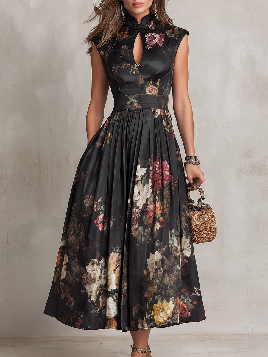 Violetta™ | Abito Midi in Satin Nero Plissettato con Stampa Floreale