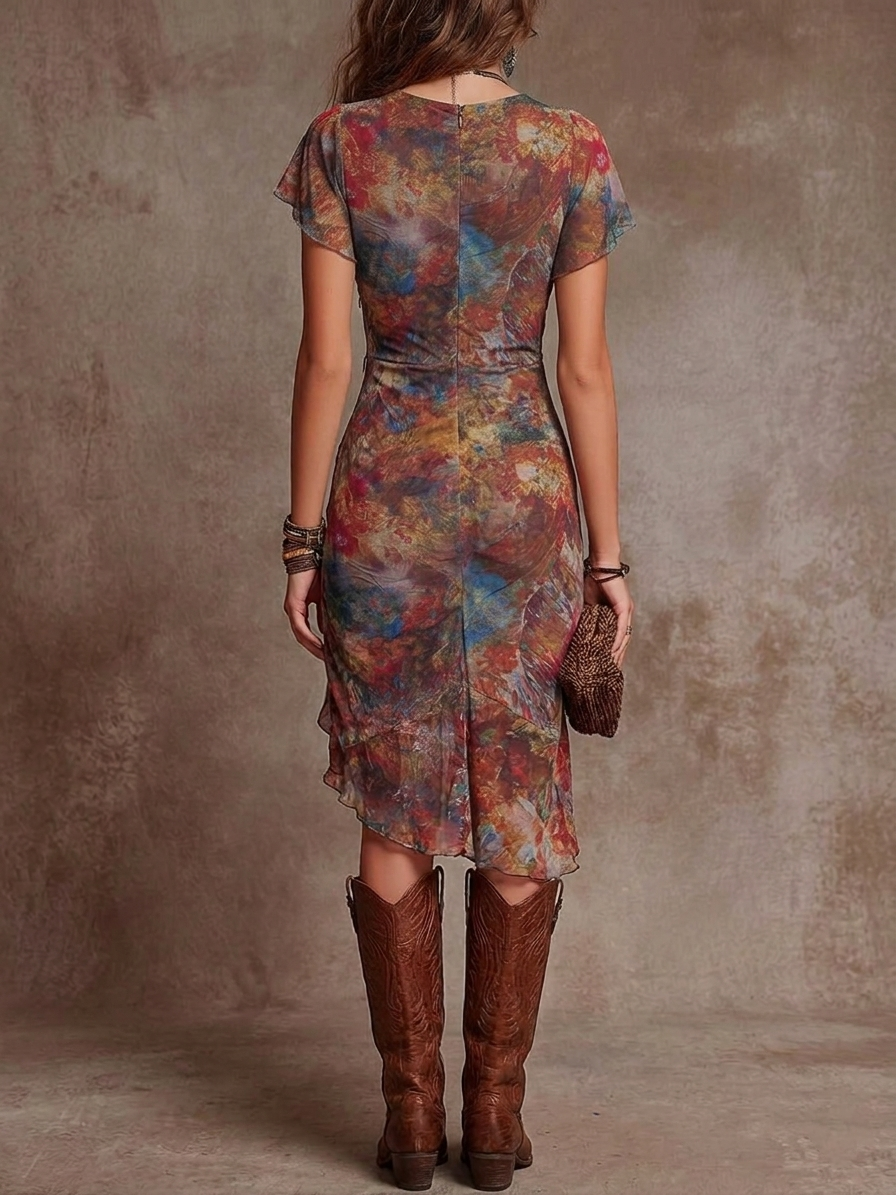 Martina™ | Abito Midi Plissettato con Scollo a V e Stampa Artistica Boho