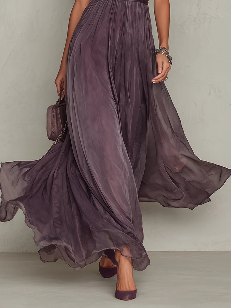 Flavia™ | Abito Lungo Viola in Chiffon con Scollo a Chiave e Pizzo