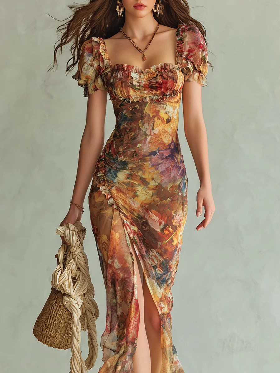 Viola™ | Abito Lungo in Chiffon Arancione con Stampa Effetto Olio Boho
