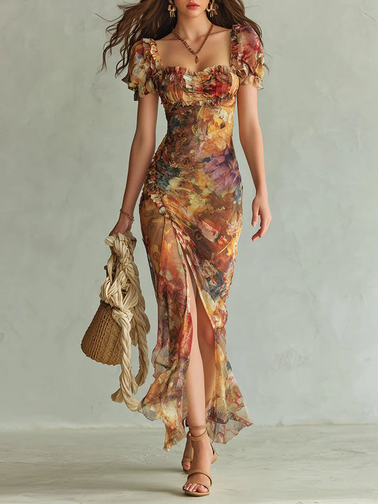 Viola™ | Abito Lungo in Chiffon Arancione con Stampa Effetto Olio Boho