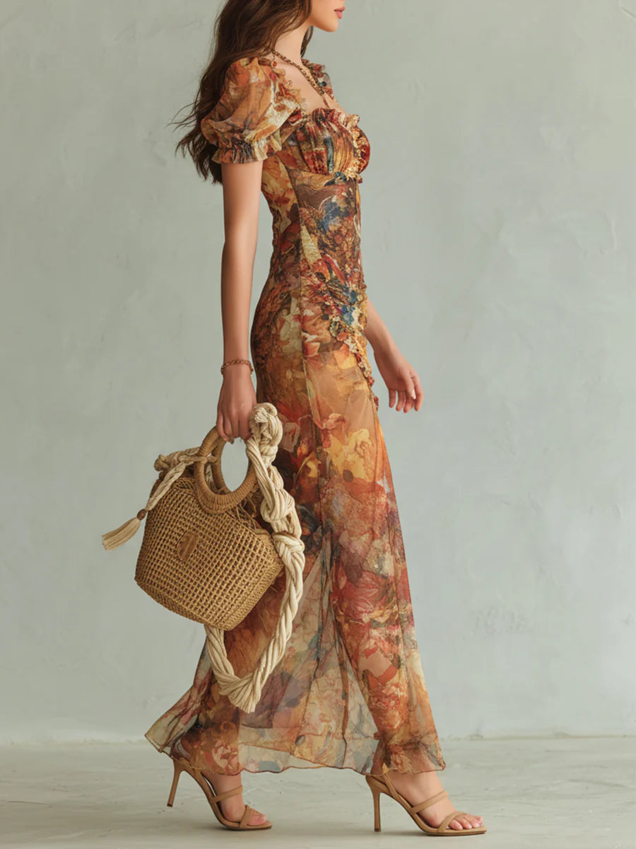 Viola™ | Abito Lungo in Chiffon Arancione con Stampa Effetto Olio Boho