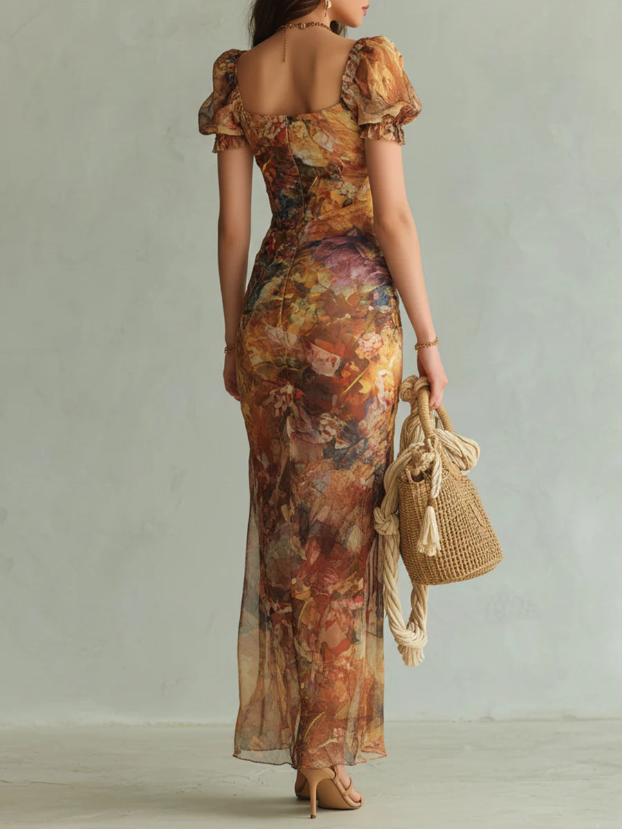 Viola™ | Abito Lungo in Chiffon Arancione con Stampa Effetto Olio Boho