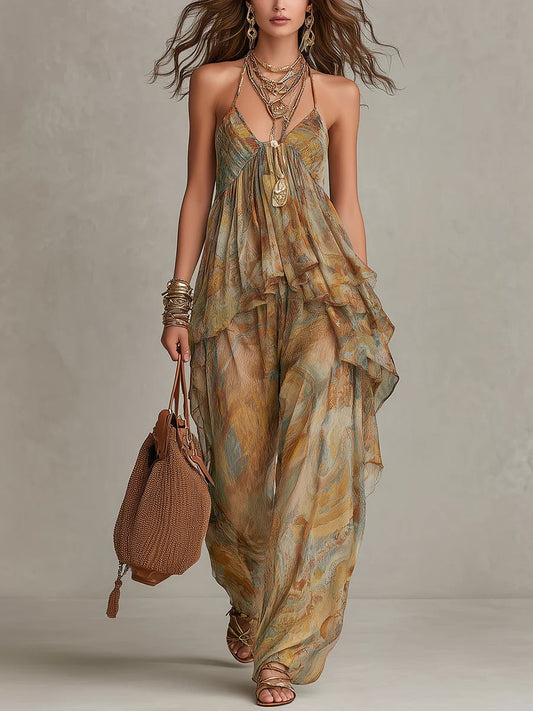 Sofia™ | Set Canotta in Chiffon con Rouches e Pantaloni Larghi