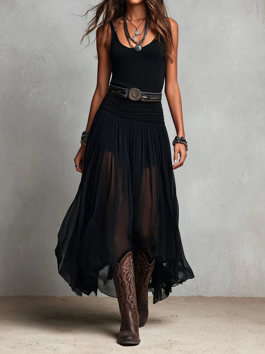 Bianca™ | Top Nero Senza Maniche con Gonna Maxi in Tulle
