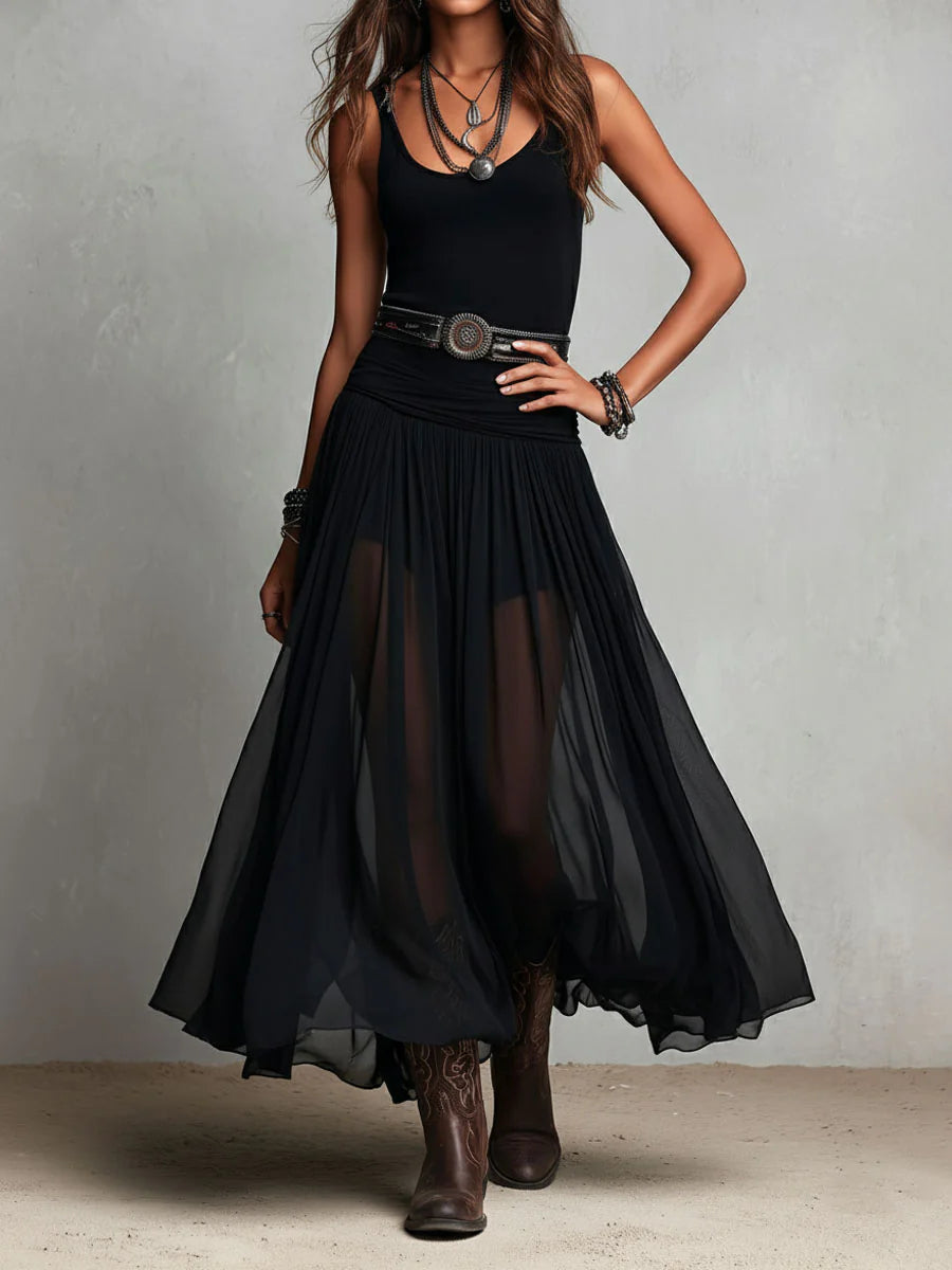 Bianca™ | Top Nero Senza Maniche con Gonna Maxi in Tulle