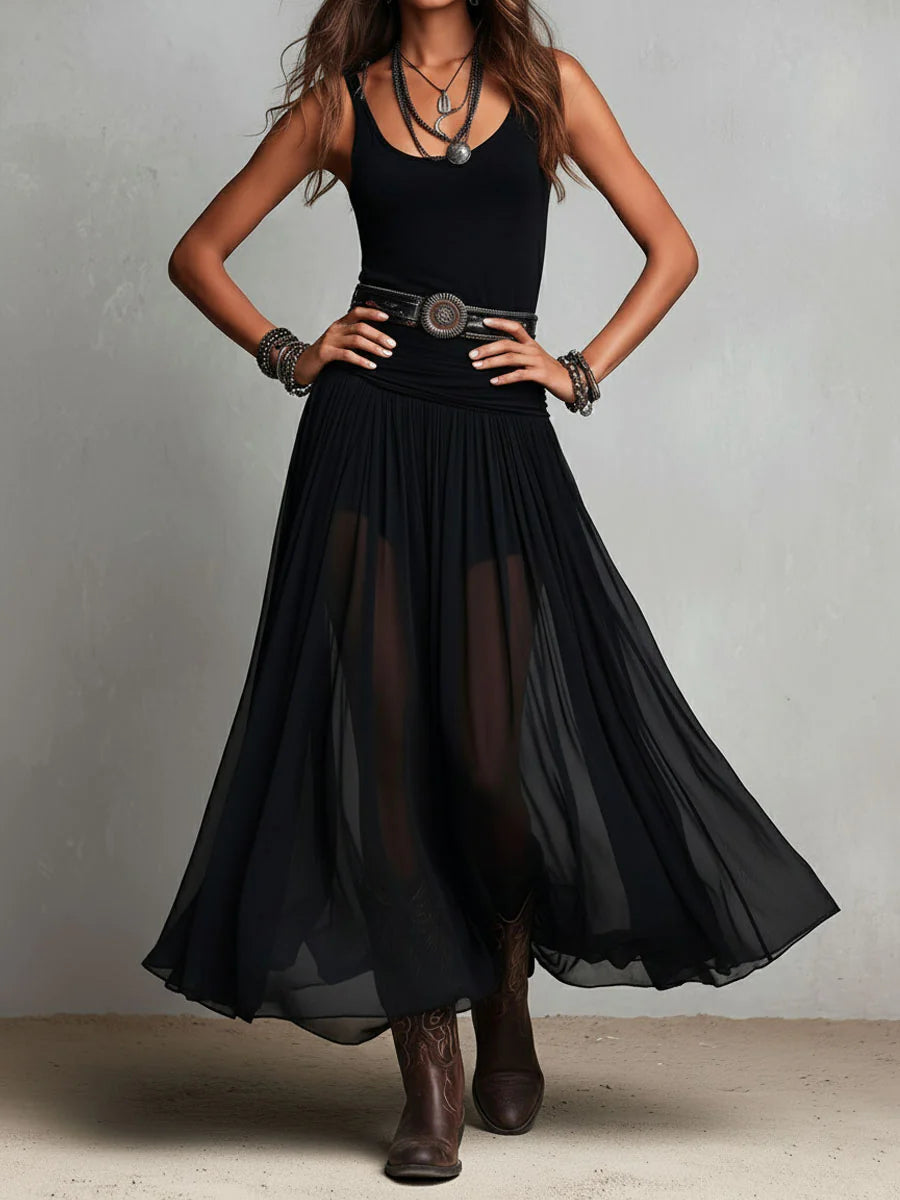 Bianca™ | Top Nero Senza Maniche con Gonna Maxi in Tulle